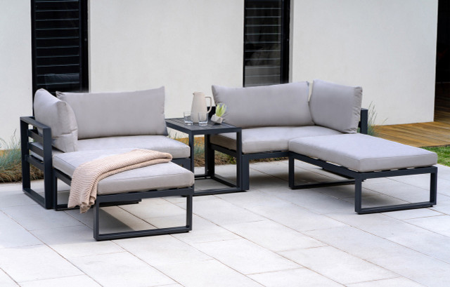 Santorini metal outdoor lounge furniture set with black metal legs and grey cushions
